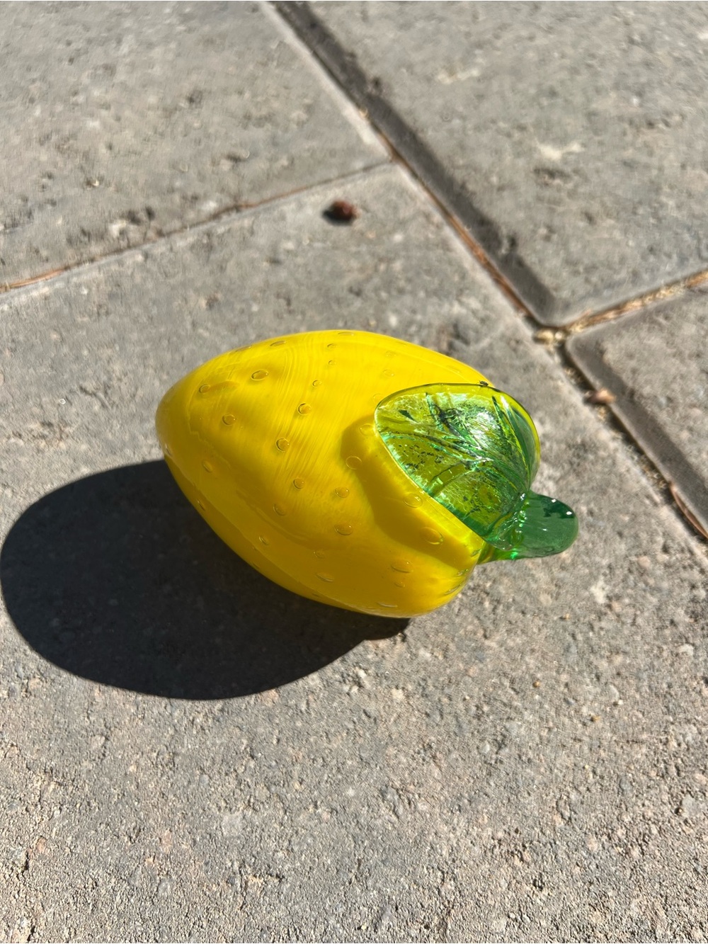 Vintage Hand Blown Yellow Glass Lemon Strawberry Figurine Paperweight Green Leaf
